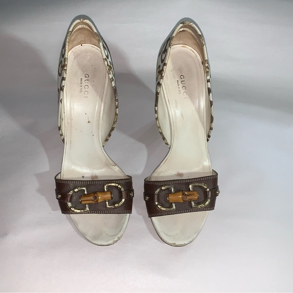 GUCCI size 39B cream linen block heel d'Orsay pumps with bamboo accent at vamp - Picture 3 of 14